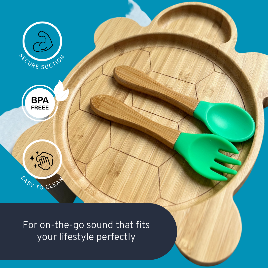 Bamboo Baby Plate with suction, non toxic, all natural, includes fork and spoon, BPA Free, Stays Cool to the Touch for Baby-Led Weaning