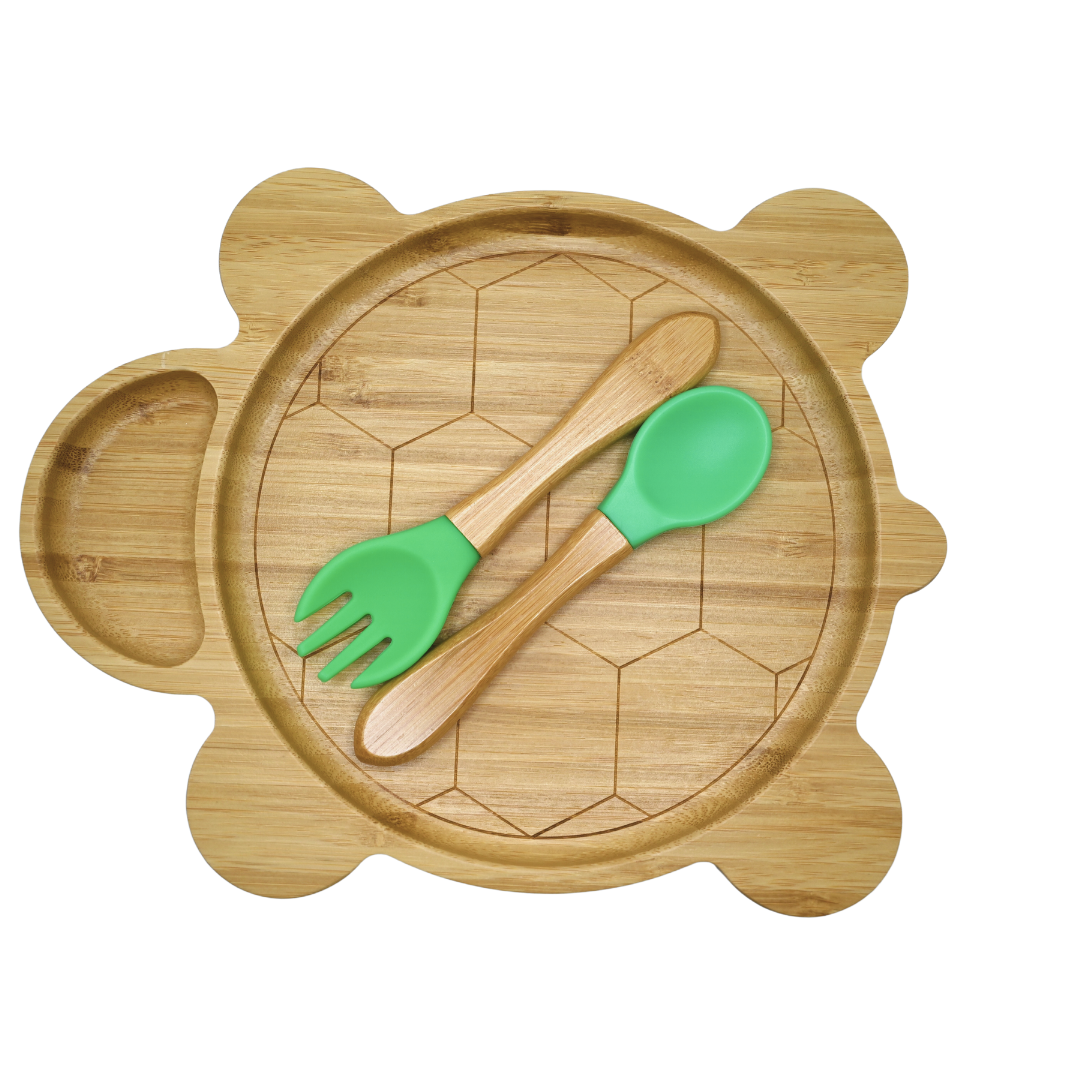Bamboo Baby Plate with suction, non toxic, all natural, includes fork and spoon, BPA Free, Stays Cool to the Touch for Baby-Led Weaning