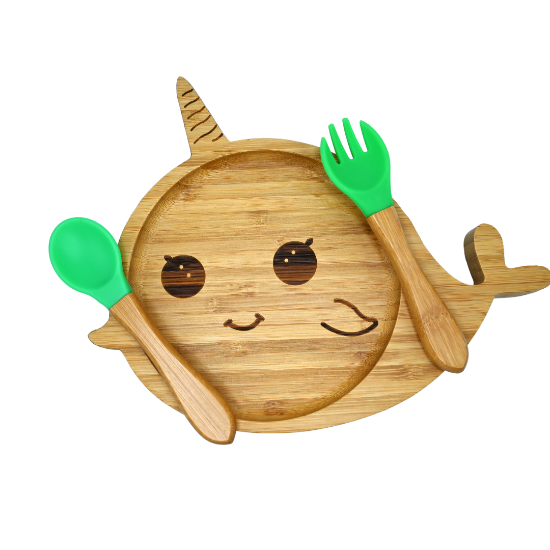 Bamboo Baby Plate with suction, non toxic, all natural, includes fork and spoon, BPA Free, Stays Cool to the Touch for Baby-Led Weaning