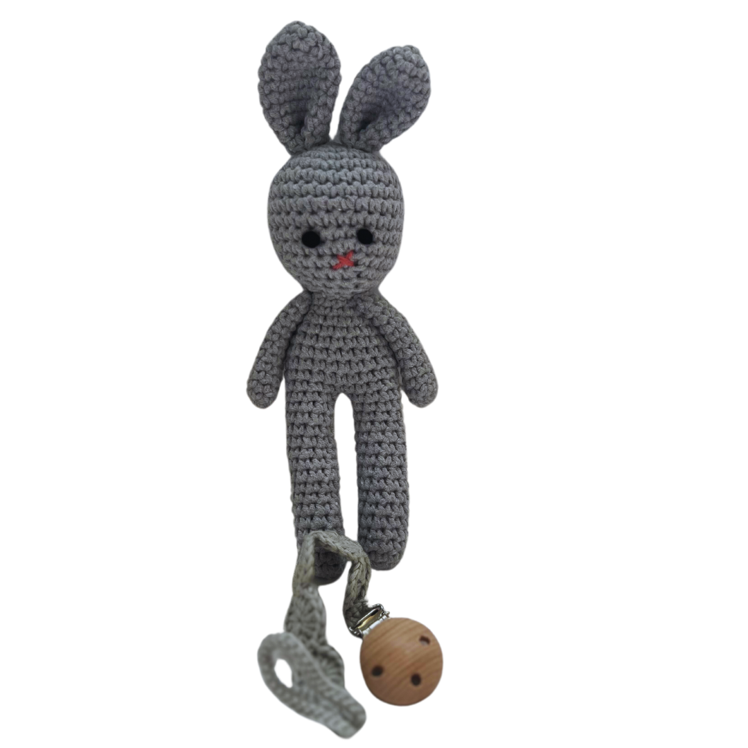 Clip para chupon/chupa con Conejito de peluche tejido a Mano