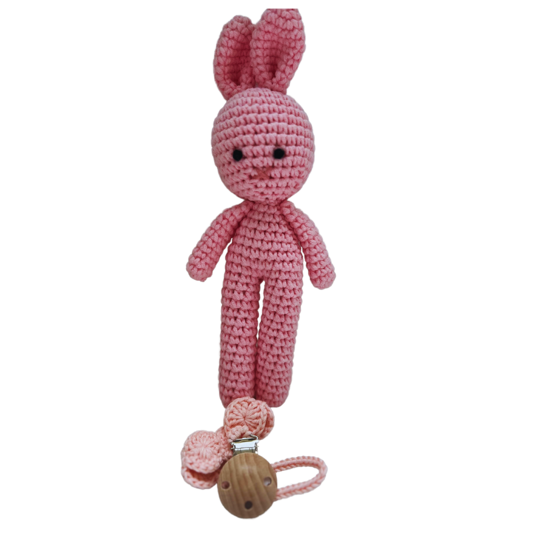 Clip para chupon/chupa con Conejito de peluche tejido a Mano