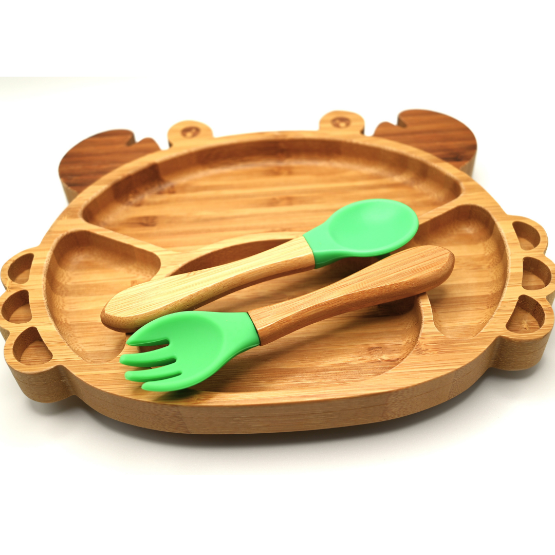 Bamboo Baby Plate with suction, non toxic, all natural, includes fork and spoon, BPA Free, Stays Cool to the Touch for Baby-Led Weaning