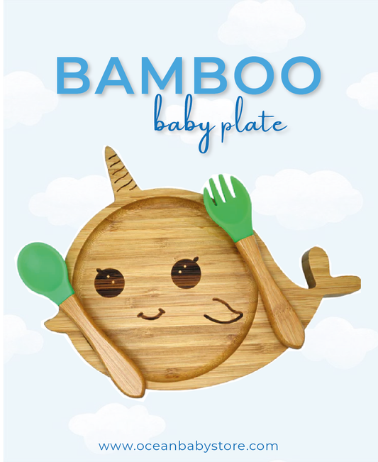 Bamboo Baby Plate with suction, non toxic, all natural, includes fork and spoon, BPA Free, Stays Cool to the Touch for Baby-Led Weaning