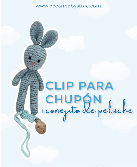 Clip para chupon/chupa con Conejito de peluche tejido a Mano